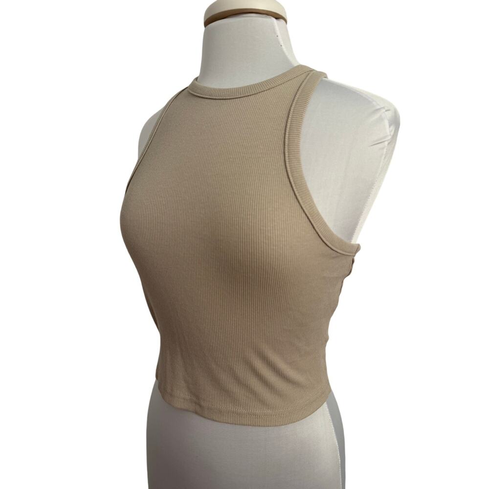 H&M NWT Women's‎ M Y2K Ribbed Knit Cropped Racerback Neutral Light Tan Tank Top